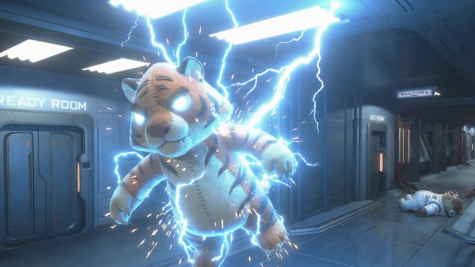 An electrified plush tiger character floats in a sci-fi ship corridor with a fallen astronaut in the background.